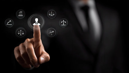 A hand touches a screen displaying various digital icons, including a person, scales, and a gavel. The visual utilizes a dark background to emphasize the highlighted elements. The composition features a shallow depth of field, with soft focus and a modern style. Suitable for commercial purposes, illustrating law and technology.の素材