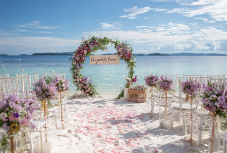 An outdoor wedding ceremony setup features a floral arch and rows of white chairs. The composition includes an aisle of petals leading to the arch, against a backdrop of the ocean. This scene, with its soft colors and natural lighting, could be suitable for lifestyle or event-related content.の素材