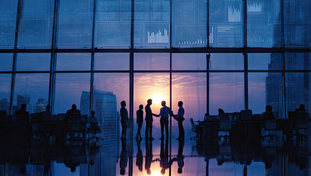 A silhouette of businesspeople shaking hands is captured through a large window. The image showcases a cityscape with a vibrant sunset. The composition features strong lighting and contrasts. Suitable for illustrating teamwork, agreements, or various commercial themes and concepts.の素材