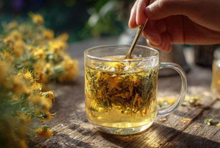 A hand stirs a golden liquid with a small spoon in a clear glass mug. The drink appears to be herbal tea. The image displays a sunny day and a wooden surface that gives a rustic feel, along with a blurred background. Suitable for articles about wellness, healthy lifestyle and drinks.の素材