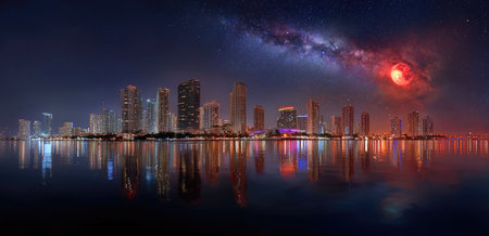 A nighttime cityscape is reflected in calm water under a dark sky. The scene features illuminated skyscrapers, creating symmetrical patterns and colorful reflections. The lighting and composition evoke a sense of serenity. Suitable for commercial applications such as marketing, or editorial content.の素材