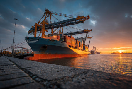 A large cargo ship is docked at a harbor, framed by industrial cranes under a dramatic sunset. The composition showcases the vessel and its surroundings. The scene uses warm colors with strong lighting. Suitable for illustrating shipping, logistics, or global trade concepts in various commercial contexts.の素材