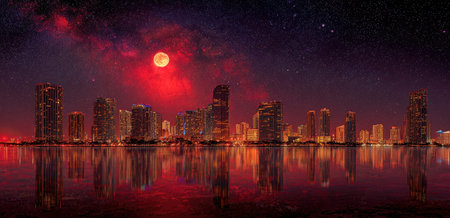 This image showcases a cityscape at night with illuminated buildings reflected in the calm water below. The scene features a vivid red and dark color palette, with a large moon and stars adding depth. The style suggests a digital illustration suitable for use in various editorial and commercial applications.の素材