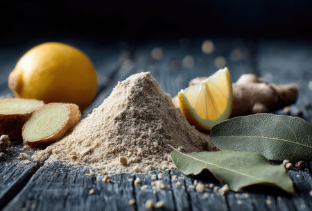 A close-up captures a pile of ginger powder alongside a whole lemon, slices of ginger, and bay leaves. The composition is set on a weathered wooden surface, featuring varied textures and natural lighting. This image could serve as a visual asset for culinary, health, or wellness-related projects.の素材