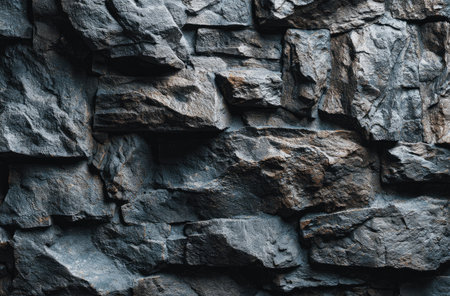 This image presents a close-up view of a rugged rock wall. The composition displays a variety of gray hues, with visible textures and patterns. The overall style suggests a natural setting, potentially outdoors. This image could be utilized in design projects or for general background purposes.の素材