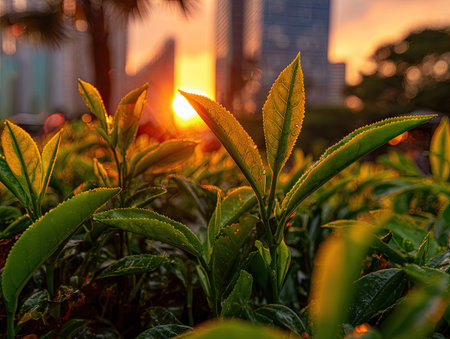 The image features vibrant green tea plant leaves in a close-up shot. The leaves are illuminated by warm sunlight, creating a bright and inviting atmosphere. The composition emphasizes the texture and detail of the foliage, suggesting a natural and healthy environment, suitable for various commercial uses.の素材
