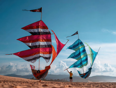 Two vibrant ship-shaped kites fly high in the sky, manipulated by a person on a beach. The composition showcases dynamic movement with vivid colors contrasting against the bright sunlight and blue sky. The scene evokes a sense of freedom and enjoyment, suitable for a range of commercial and editorial purposes.の素材