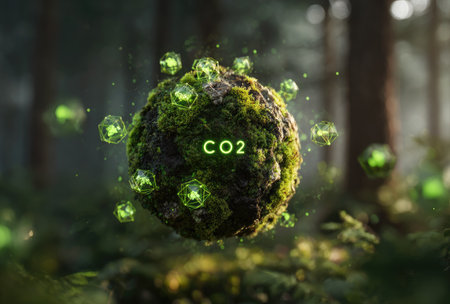 A digital image depicts a sphere representing carbon dioxide, surrounded by glowing elements. The sphere has a mossy texture, set against a blurred forest backdrop. The composition features a naturalistic lighting and depth of field effect. Suitable for visual concepts about environment, ecology, or scientific themes, adaptable to editorial and commercial applications.の素材