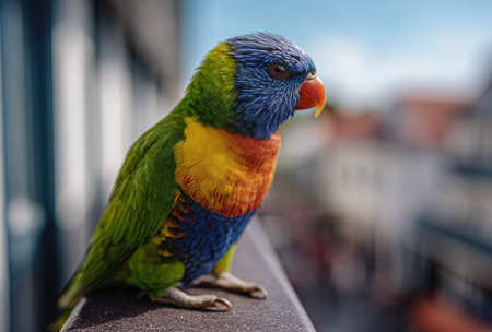 A vibrant parrot with striking plumage is the focal point of this image, captured outdoors. Its feathers exhibit a spectrum of colors, including green, blue, yellow, and orange. The composition highlights the bird against a blurred backdrop, with natural light enhancing its details. This image is suitable for various editorial and commercial applications.の素材