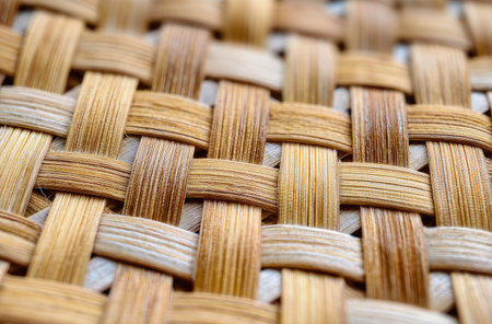 A close-up view displays a woven material composed of natural fibers. The texture reveals a pattern of interlaced strands, exhibiting shades of brown and beige. The composition suggests a handmade item. This imagery could be applicable for various commercial and decorative design projects.の素材