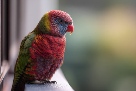 A vibrant parrot with striking red, yellow, and blue plumage is perched on a dark railing. The close-up shot highlights the bird's detailed feathers and curved beak. The background features blurred green foliage, suggesting an outdoor environment. This image could be used for educational materials or nature-themed projects.の素材