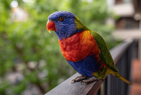A vibrant parrot is perched on a wooden railing. The bird displays a striking array of colors including blue, red, and green feathers. The composition features a blurred green background, suggesting an outdoor setting with natural light. The image may be suitable for illustrating wildlife, nature, or decorative purposes.の素材