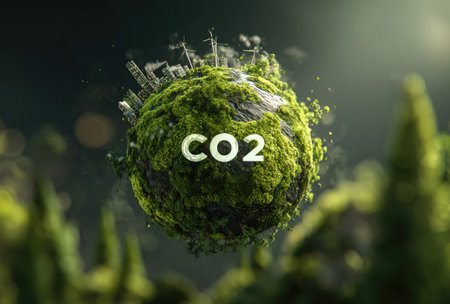 An artistic globe showcases the CO2 symbol against verdant plant life, possibly representing environmental awareness. The image features a macro view with soft focus elements, suggesting a natural setting. The use of light and shadow creates depth, ideal for use in educational, or conceptual projects highlighting ecology.の素材
