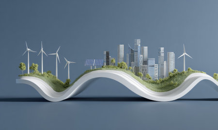 This image features a miniature city scene emphasizing environmental sustainability. The composition includes buildings, wind turbines, and solar panels set against a neutral backdrop. The style is digitally created, with smooth textures and soft lighting. This illustration is suitable for commercial uses related to ecology, renewable energy, and urban planning.の素材