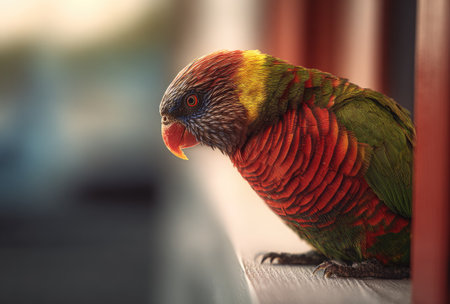 A close-up view presents a brightly colored parrot, showcasing intricate feather patterns of red, green, yellow, and blue. The bird is positioned outdoors, likely perched on a ledge, illuminated by natural lighting. The image's composition and color palette lend themselves to various commercial and editorial applications.の素材