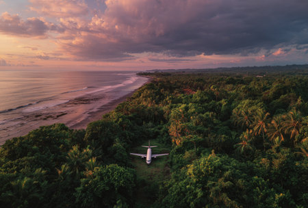 An aerial shot showcases a parked airplane near a shoreline, set against a sunset sky. Lush green trees border the coast, with waves gently breaking on the beach. The composition uses a high-angle perspective, natural lighting, and a vibrant color palette, useful for travel or environmental themes.の素材