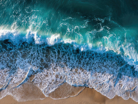 An overhead perspective reveals foamy ocean waves surging onto a sandy beach. The image showcases turquoise and deep blue waters with textured white foam. The composition is a top-down view with a bright, natural daylight exposure. Potential uses include editorial content, travel promotion, or environmental imagery.の素材