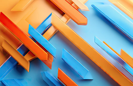 An abstract composition features overlapping angular shapes in vibrant orange, yellow, and blue hues. The image showcases a glossy texture with directional lighting, creating dynamic shadows. Ideal for design projects, the composition suggests a modern aesthetic suitable for various commercial uses.の素材