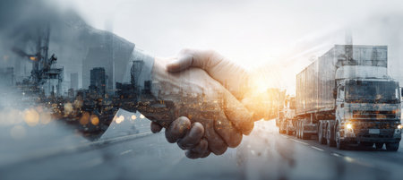 This image depicts a handshake superimposed over city and truck visuals. It features muted tones and a blurred style, suggesting a business concept. The composition incorporates sunlight and a highway, potentially suitable for commercial applications related to business, logistics, and partnerships.の素材