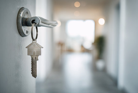 A close-up shot presents a key with a house-shaped pendant hanging from a door handle. The composition showcases cool tones, with the key and handle in sharp focus against a blurred background. The image suggests concepts such as home ownership, security, and access, suitable for various editorial and commercial applications.の素材