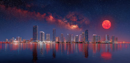 An illuminated cityscape at night is reflected in still water. The scene showcases modern architectural structures with lights against a dark, cloudy sky. The composition emphasizes symmetry and balance with cool and warm color contrasts. Suitable for general commercial and editorial applications.の素材