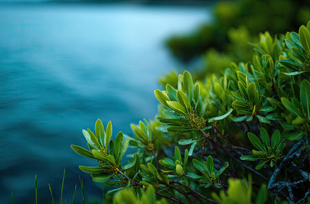A detailed shot presents vibrant green plant foliage contrasted against the soft blue of water. The composition showcases textures and the play of light creating a serene environment. This image is suitable for various projects seeking to depict natural beauty, environmental themes, or design backgrounds.の素材