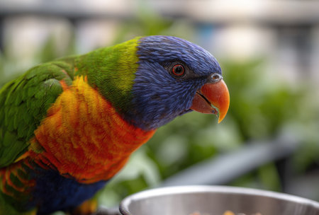 A close-up shot presents a parrot with a striking mix of colors. The bird features a blue head, green wings, and a vibrant orange chest, complemented by a curved orange beak. The background is blurred with hints of green foliage, suggesting an outdoor environment. This image could be used for various commercial projects and editorial content.の素材