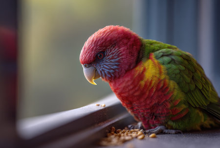 A vibrant parrot is showcased, displaying a striking combination of red, green, and yellow feathers. The bird rests on a surface, likely indoors, with soft lighting enhancing the details. The background is blurred, drawing focus to the parrot. Suitable for various editorial and commercial applications.の素材