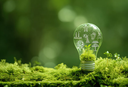 An illuminated lightbulb showcases plant life and small industrial icons. The composition features a lush green foreground and a softly blurred background. The image incorporates textures, suggesting a natural environment. Suitable for a range of applications, including projects related to sustainability and eco-friendly practices.の素材