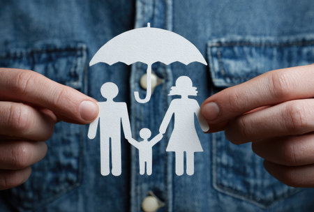 A close-up view displays a paper cutout of a family sheltered under an umbrella. The image presents a minimalistic white design against a textured blue backdrop. This visual metaphor symbolizes protection, care, and security. Suitable for illustrating concepts related to insurance, family, and support, and can be used in various commercial applications.の素材