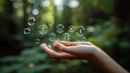 An open hand delicately presents several translucent bubbles, each containing a symbol. The scene takes place against a backdrop of soft green foliage, suggesting an outdoor environment. The lighting is diffused, and the composition focuses on the interplay of elements. This image has potential uses in various commercial and editorial contexts.の素材