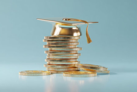A golden graduation cap sits atop a stack of coins against a soft blue background. The composition features a high angle with shallow depth of field. The lighting creates highlights and shadows, accentuating the metallic texture. This image may be suitable for illustrating financial planning, education costs, and academic achievement.の素材