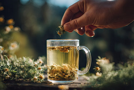 A hand carefully places dried herbs into a glass mug filled with hot tea. The scene displays a close-up with soft focus, featuring warm tones and natural lighting. This visual can be used for promotional material related to beverages, health, or wellness.の素材