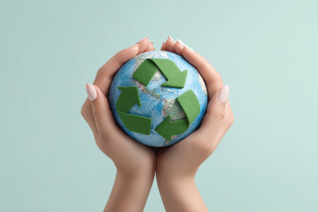 A pair of hands gently cradle a miniature globe, upon which sits a recycling symbol. The symbol is in green, contrasted against the blue globe. The background is a soft green. This image is suitable for environmental campaigns and illustrating sustainability themes. It can be used for various commercial projects.の素材