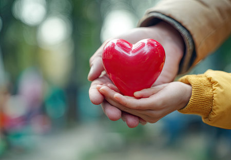 Close-up of hands gently holding a bright red heart. The image highlights a warm color palette with a soft focus background. This visual could represent themes of care, love, charity, or giving and would be suitable for various commercial or editorial applications.の素材