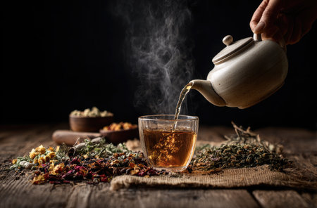 A hand pours tea from a ceramic teapot into a glass, with steam rising. The scene features various dried herbs and flowers, displayed on a wooden surface with a rustic cloth. Warm lighting highlights the details. Suitable for commercial uses related to health, wellness, or culinary themes.の素材