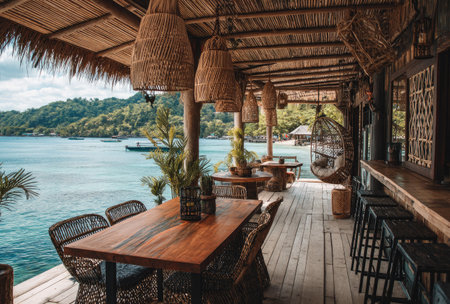 An outdoor restaurant setting presents wooden tables arranged for dining, complemented by hanging woven lamps. The scene reveals a tropical environment with sea views. Warm lighting and natural materials create a welcoming atmosphere. Suitable for use in lifestyle or travel publications.の素材