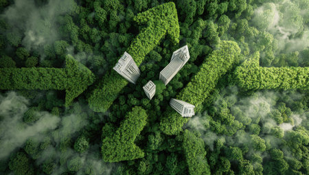 An aerial perspective showcases several green arrows arranged over a forested landscape, suggesting growth and circular economy. The composition features a rich palette of green hues and soft, diffused lighting. The image's concept may be suitable for discussions on environmental topics and marketing materials.の素材