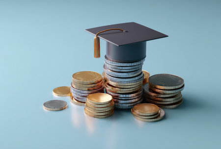 A miniature graduation cap rests on a tower of coins, suggesting themes of education and economics. The composition displays a mix of metallic and muted blue tones, presenting a modern, clean aesthetic. This image is suitable for illustrating financial literacy, educational investments, or related editorial or commercial projects.の素材