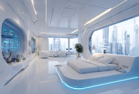 This image showcases a modern bedroom with a futuristic design. The room features clean white surfaces, curved lines, and large windows offering a panoramic city view. The composition suggests a serene and technologically advanced environment, potentially suitable for interior design projects or commercial applications.の素材