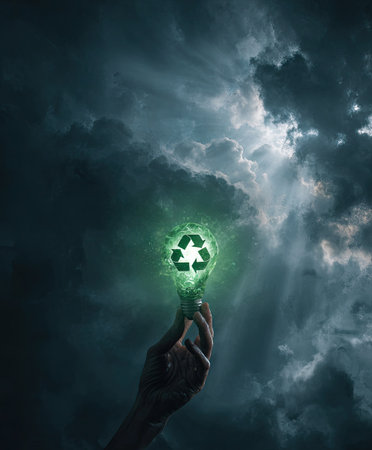 A hand holds a glowing recycle symbol, set against a backdrop of a dramatic, cloudy sky. The image showcases a vibrant green symbol emanating light. The composition features strong visual contrast with atmospheric lighting, suitable for a range of environmental or sustainable-themed projects, both commercial and editorial.の素材