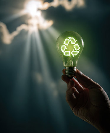 A hand holds a glowing light bulb with a recycle symbol. Bright sunlight streams through a cloudy sky, illuminating the scene. The image displays a conceptual representation, suggesting environmental responsibility and renewable energy. It could be useful for commercial and editorial applications related to sustainability.の素材