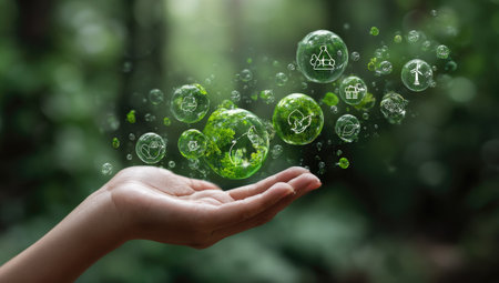 A hand is presented, seemingly offering a collection of glowing green bubbles. Each bubble contains a miniature image related to nature and sustainability. The scene features a bokeh background of lush foliage, with diffused sunlight. The image could be suitable for illustrating environmental themes or eco-friendly initiatives.の素材