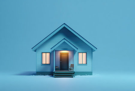 A digital illustration depicts a small house with a simple design, bathed in cool blue hues. The scene features warm, inviting light emanating from the windows and doorway, creating a contrast. The composition is clean and modern, suitable for various design projects and commercial applications. The house is shown isolated against a gradient background, suitable for diverse uses.の素材