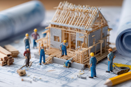 This image showcases a detailed miniature house under construction, surrounded by blueprints and tools. Small figures represent construction workers actively engaged in their tasks. The scene is illuminated by soft, natural lighting, highlighting the textures of wood and paper. This imagery could be used for various commercial or editorial purposes related to construction, architecture, and planning.の素材