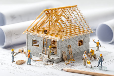 A close-up captures a miniature construction scene showcasing a partially built structure, accompanied by small figurines representing workers. The image displays a detailed construction with architectural blueprints, a pencil, and other construction tools. It would be suitable for commercial and editorial purposes.の素材