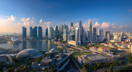 An impressive skyline features numerous high-rise buildings along a body of water. The composition is expansive, showcasing a range of architectural styles and textures under a bright, clear sky. This image is suitable for various commercial uses, including website design, advertising, and editorial content.の素材
