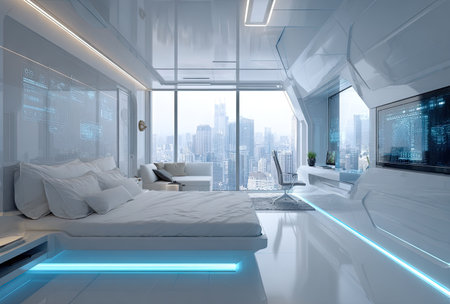 A futuristic bedroom showcases a minimalist design with clean lines and a predominantly white color scheme. Large windows offer a panoramic cityscape view, while subtle blue lighting accents the modern aesthetic. This interior could be utilized for architectural visualizations or promotional purposes.の素材