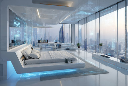 A contemporary bedroom showcases a minimalist design with clean lines and a futuristic aesthetic. The room features a floating bed, expansive windows, and a panoramic view of the cityscape. The color palette emphasizes white and blue tones, creating a sense of spaciousness. This image is suitable for various commercial purposes.の素材