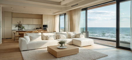 A spacious living room features a modern white sofa, wooden coffee table, and large windows revealing an expansive ocean view. The composition displays soft textures, warm tones, and natural light, creating a bright and airy atmosphere. The image is suitable for commercial use in areas like home decor or real estate.の素材